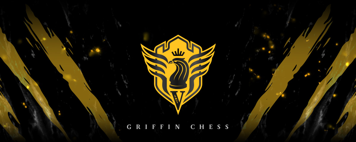 Griffin Chess gold winged knight crest on a black and gold banner